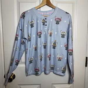 PJ Salvage French Bulldog Pajama Set Blue Henley Top Jogger Pants Size XS